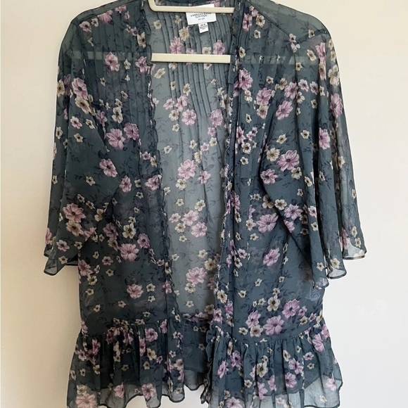 American Eagle Green Floral Sheer Ruffle Cardigan - Picture 1 of 5